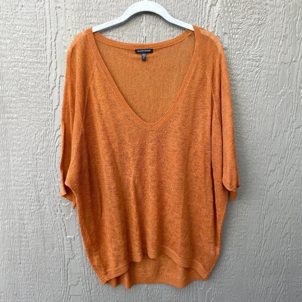 EILEEN FISHER Size M Merino Wool Light Short Sleeve Top Brick Orange V-Neck‎
